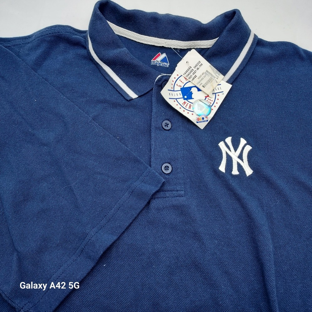 Majestic New York Yankees Polo Shirt Mens Large Navy Blue MLB Coaches Choice NEW